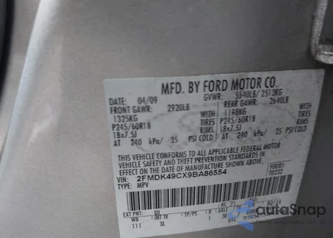 2009 Ford Edge Limited z USA, uszkodzony, nr VIN 2FMDK49CX9BA86554